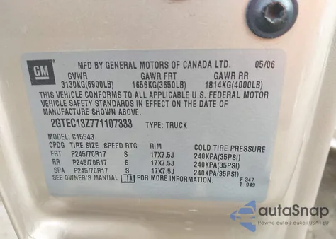 2007 GMC Sierra 1500 Classic Sle1 из США, поврежденный, VIN 2GTEC13Z771107333